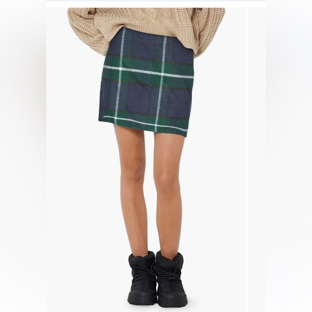 New Noisy May Plaid Green Blue Mini Skirt Medium Short High Waist Fall Knit